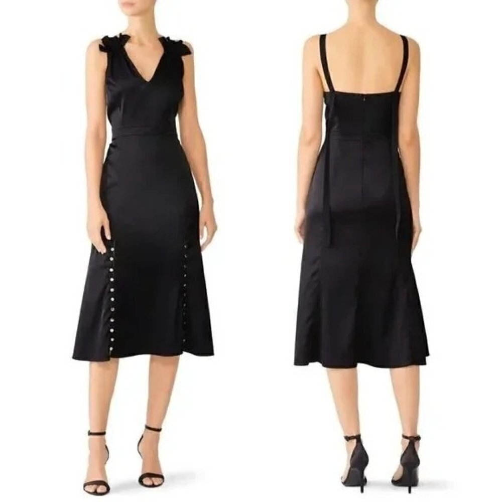 Prabal Gurung V-Neck Ruffle Sleeve Black Satin Midi Dress Size 2